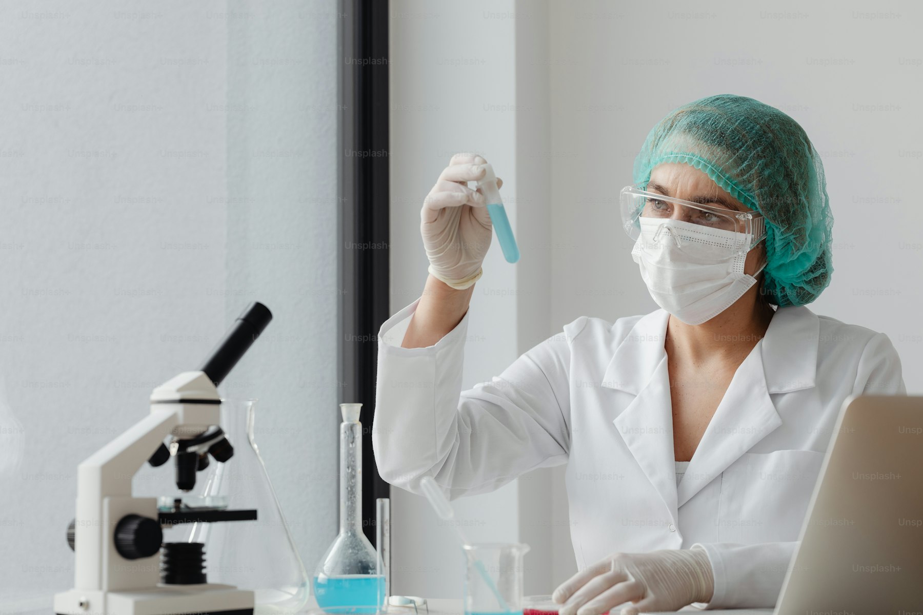 Laboratory bench with analytical equipment used for pathology testing